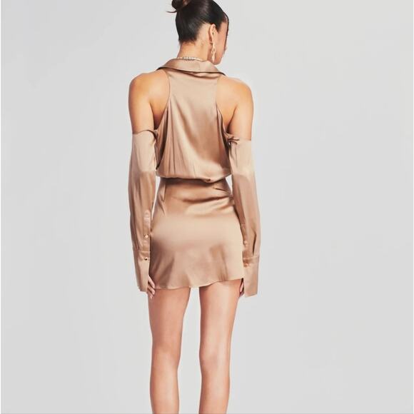 SER.O.YA Retrofete Shea Silk Off-Shoulder Wrap Mini Dress Natural S NWT - Picture 3 of 13